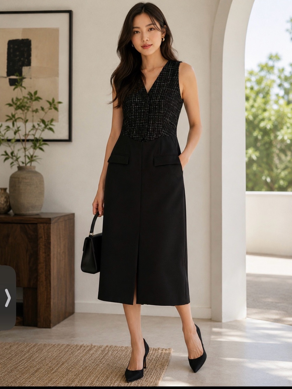 Zara Black Tweed-Top Midii Dress👗